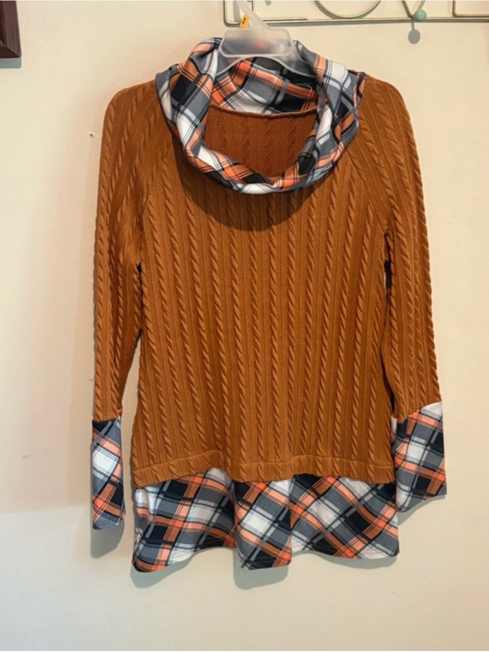Plaid-Trim Cable Knit Cowl Neck Sweater Tunic - Rust